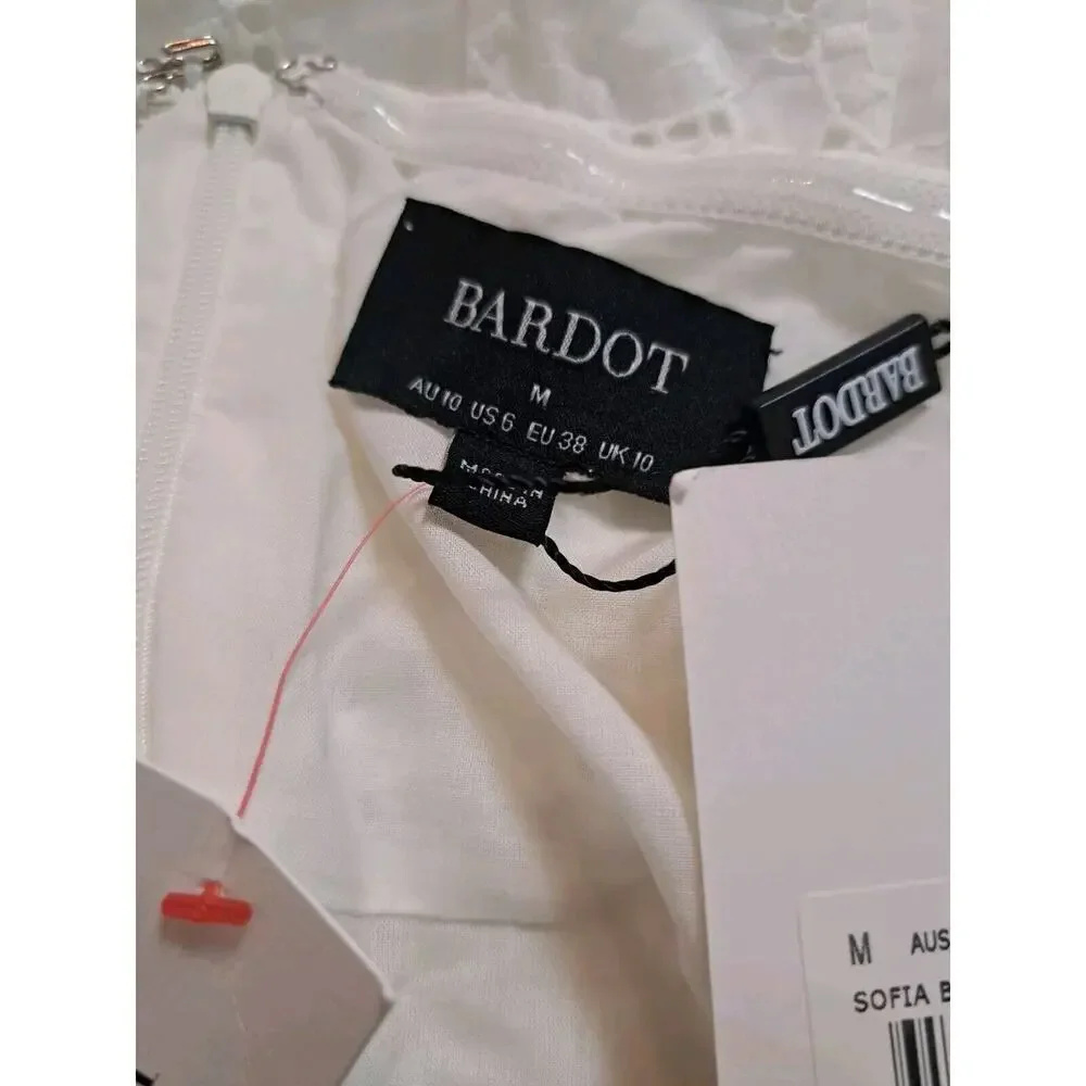 Bardot Womens 6 Babydoll Dress Sofia Eyelet Mini White Revolve Lace Off Shoulder - Picture 9 of 12